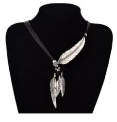 ‪✿ T226☆★新品アンティーク フェザー ネックレス 男女兼用 シルバー×黒
