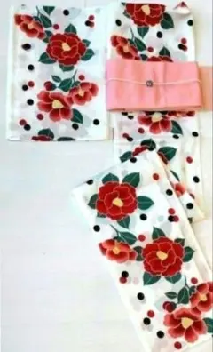 【新品/2万円相当】九重 浴衣セット 白地×赤椿 綿麻 M◆日本製さんび帯