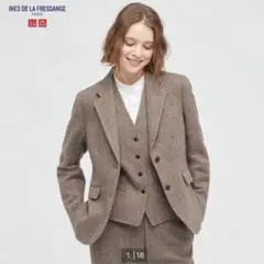 ユニクロ×イネス ツイードジャケット ヘリンボーン ブラウン S