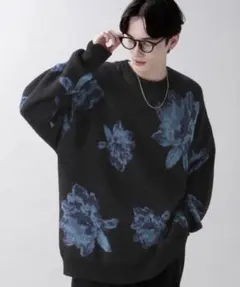 【RAGEBLUE】 モヘヤフラワー柄ジャガードニットクルー