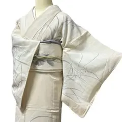 A 81愛華 着物 訪問着　単衣　紗紬　ベージュ　草花柄 手縫い仕立て