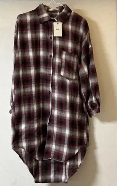 新品　赤と白のチェック柄 長袖シャツワンピース