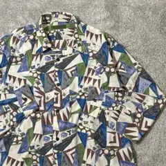 レトロ古着 総柄 アートデザインシャツ 幾何学柄 ビッグシルエット 長袖 L