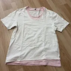 メンズ、レディース　レイヤードTシャツ カットソー半袖 ホワイト ピンクのサムネイル