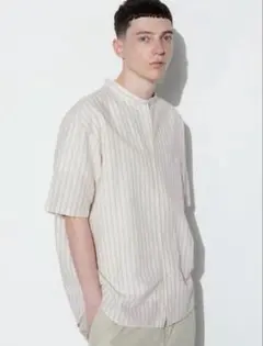 美品　ユニクロ　コットンリネンスタンドカラーシャツ　ストライプ　ベージュ　L