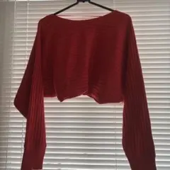 レッド クロップド丈 リブニット 長袖【秋服】