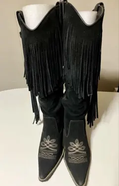 レディースブーツ　黒　スエード調　ウエスタン　フリンジ
