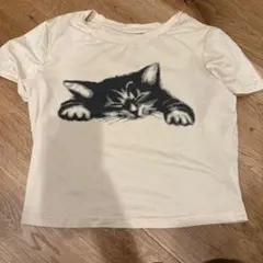 猫プリント 半袖Tシャツ クリーム色