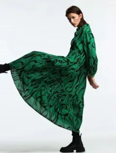 【極美品】ZARA　ザラ　プリントミディワンピース　マーブル柄　グリーン　黒　L