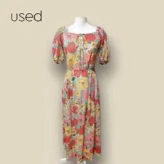 2476 【used】　ワンピース　ロング　マキシ丈　花柄　オレンジ系　メッシュ