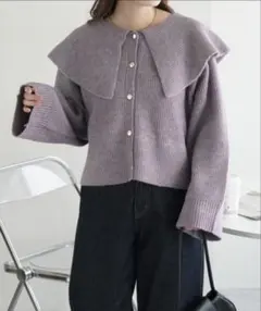 Discoat （ ディスコート ） フリル付きリブ編みカーディガン パープル