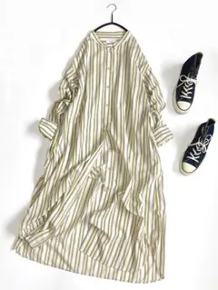 美品 ヌキテパ 別注 ストライプシャツワンピース コットンボイル 裾