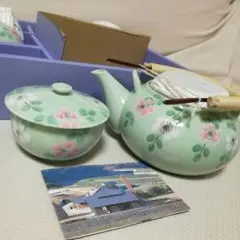 爽やか花柄ミントグリーン急須湯呑みセット