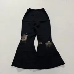 t2298 【古着】　和柄　刺繍入り　フレアパンツ　ワイドパンツ　黒　個性派