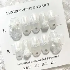 現品୨୧バレエコア韓国ネイルチップ　乳白色パールホワイト　薔薇レース　バレリーナ