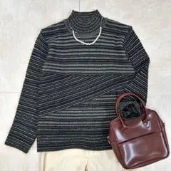 ニットセーター ボーダー ミセス婦人服 レトロ古着 ハイネック モヘア コットン