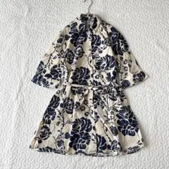 ザラ ワンピース 花柄 シャツワンピ 半袖 ベージュ ネイビー XS きれいめ