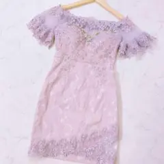 ローズジャガードオフショルタイトミニドレス S ラベンダー ローブドフルール