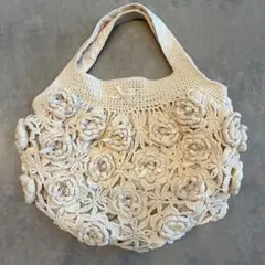 【美品】ピンクハウス　トートバック　フラワーお花モチーフ付き　かぎ針編み　ニット