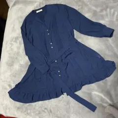 MIIA ネイビー フリル付きシャツワンピース