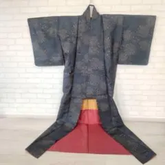着物 藍色 ブルー グレー 花模様 落ち着いた シック クール KIMONO