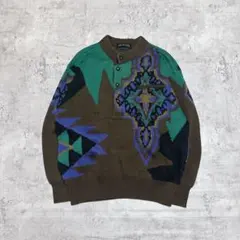 総柄セーター 刺繍 ニット L アート柄 3D 古着レトロ 派手柄 くるみボタン