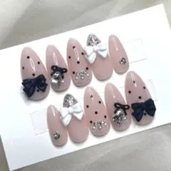 ネイルチップ　ドット　量産型　ワンホン　韓国　ガーリー　リボン