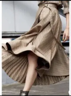 冬物値下げ！FRAY I.Dベージュ チェック柄 プリーツスカート ロング丈受注