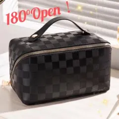 化粧ポーチ 格子柄 ブラック 大容量 コスメポーチ メイクボックス バニティ