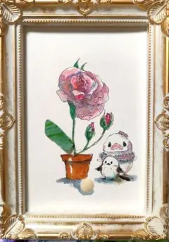 シーグラスアート シロちゃんとシマちゃんと薔薇ちゃん　2/26 13(原画)額付