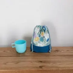 現品限り　ハンドメイド☆　コップ袋　フラワー　ミント×ターコイズブルー