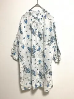 花柄シャツワンピース ホワイトとブルー✨M