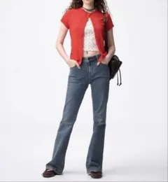 新品】GU ジーユー スリムフレアジーンズ+EC［丈長め84.0cm】ブルー系