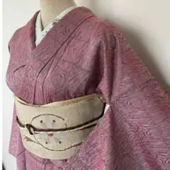 着物小紋ジャガードお召ピンクグレーにグリーンのボーダー墨流し練習リメイク袷裄長め