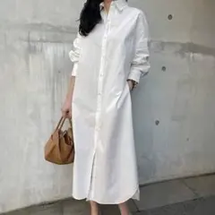 【新品タグ付き】ロングシャツワンピース M〜L ベージュ リボン付き