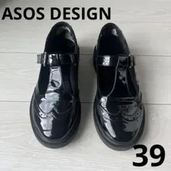 ASOS DESIGN ブラック エナメル Tストラップ ローファー 39