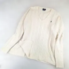 ポロラルフローレン　ウール　カシミヤ　ケーブルニット　ホワイト　L　ロゴ刺繍
