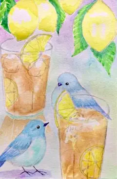 容音様専用水彩画　レモンティーと青い小鳥　値段は700円です