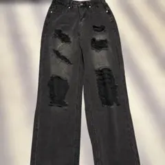 ダメージ加工 ブラック ワイドレッグデニム