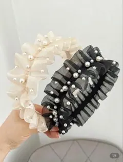 【未使用に近い】フリルシフォンパール付きヘアバンド ブラック