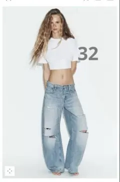 ZARA TRF ダメージ加工バギーミッドライズデニムパンツ 34 - メルカリ