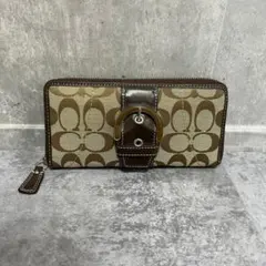 【COACH】コーチ長財布ラウンドジップ　シグネチャー　ブラウン　ベルトモチーフ
