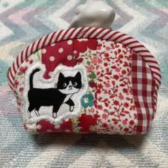 ♪ハンドメイド♪パッチワーク♪ミニミニポーチ・レッド♪ハチワレ猫ちゃん♪