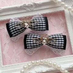 【24H以内発送】天使の羽ギンガム黒♡ヘアクリップリボン 量産型 エンジェル