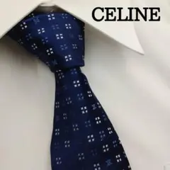 CELINE マカダム柄 トリオンフ 総柄 ネクタイ 濃紺 シルク 高級 光沢