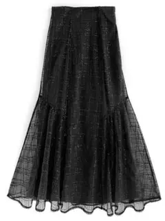 スパンコールチェックチュールフレアスカート[tu1029] ブラック