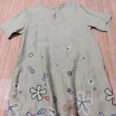 最終値下げ！オリーブグリーン 花柄刺繍入り ５分袖チュニック麻100% 日本製