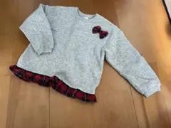 【美品♡】エルフィンドール　チェックリボンフリル付トレーナー　グレー　裏起毛95