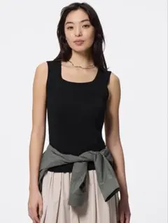 USED・美品　GUリブニットスクエアネックタンクトップ　M ブラック