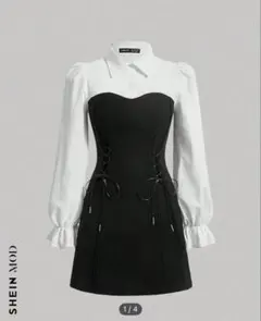 SHEIN MOD ツートン レースアップフロント フラウンススリーブドレス